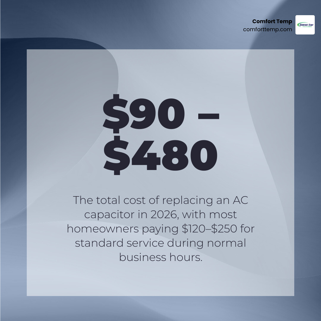 AC capacitor cost breakdown infographic: part cost $8-$50, labor $75-$150, total $90-$480, emergency up to $550 infographic AC capacitor cost breakdown infographic: part cost $8-$50, labor $75-$150, total $90-$480, emergency up to $550 infographic