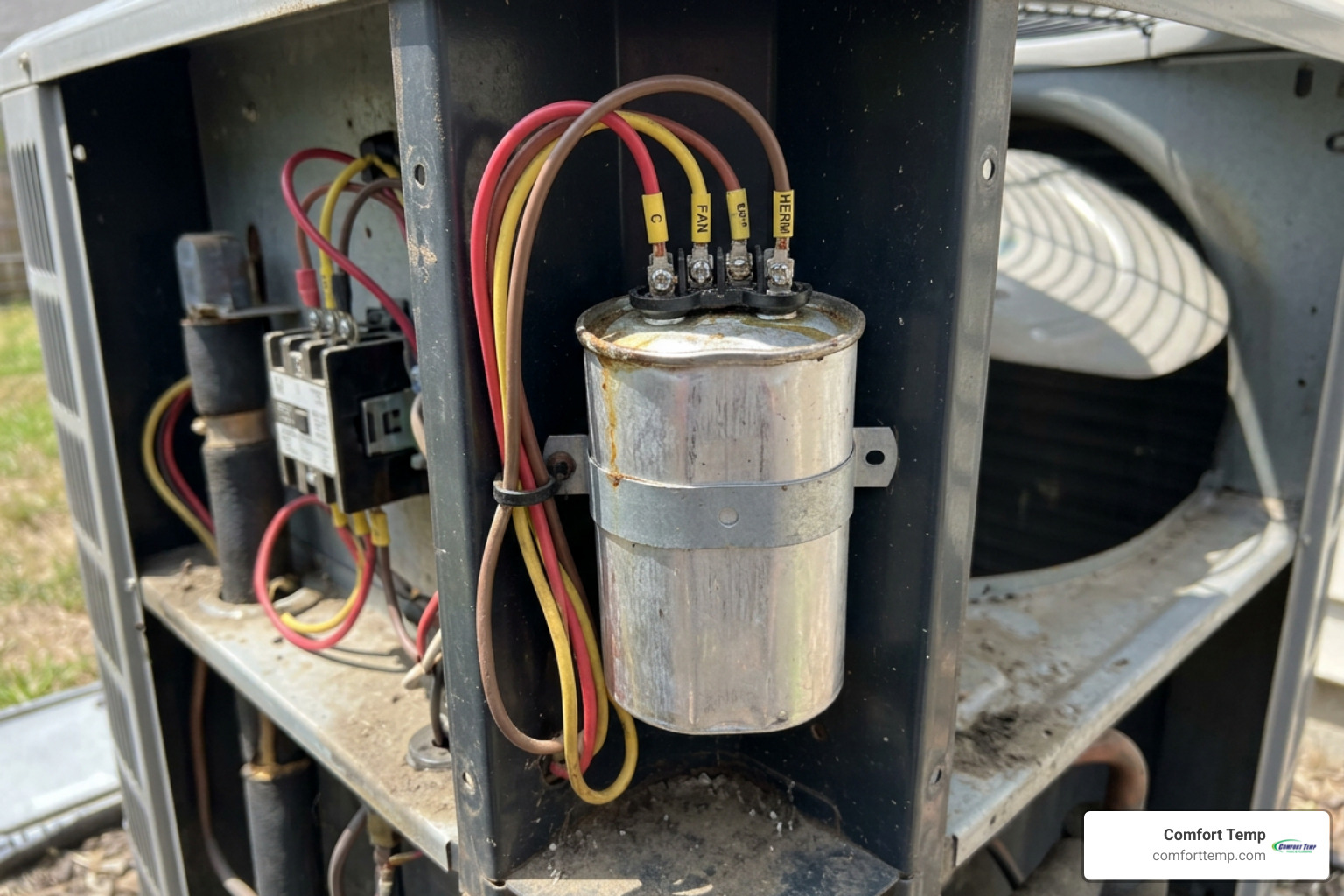 swollen dual-run AC capacitor inside outdoor condensing unit panel swollen dual-run AC capacitor inside outdoor condensing unit panel