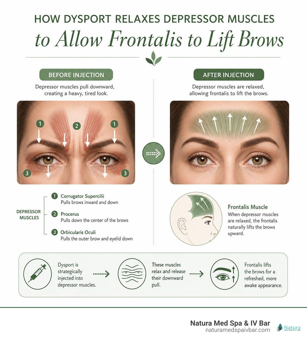 Infographic showing how Dysport relaxes depressor muscles to allow frontalis to lift brows infographic Infographic showing how Dysport relaxes depressor muscles to allow frontalis to lift brows infographic