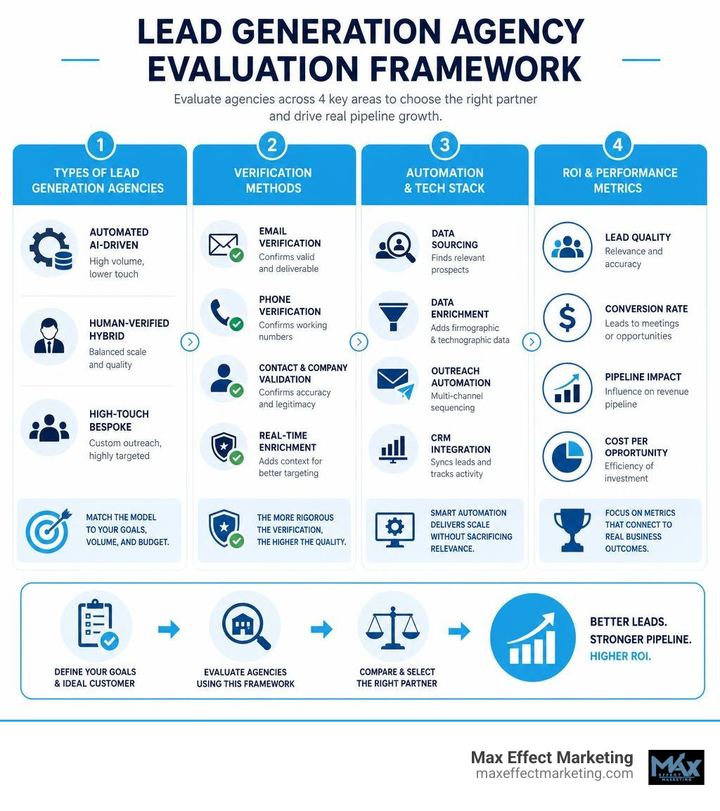 Lead generation agency evaluation framework: types, verification methods, automation tools, and ROI metrics infographic Lead generation agency evaluation framework: types, verification methods, automation tools, and ROI metrics infographic