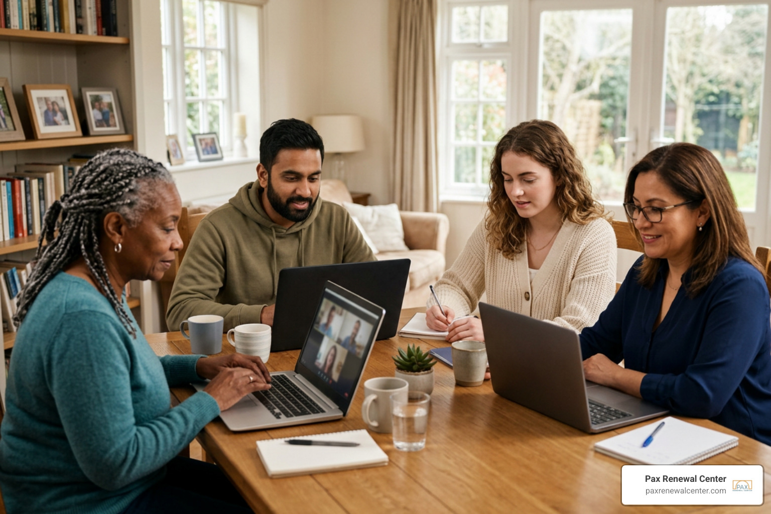 Diverse group of adults joining a virtual mental health support session on laptops Diverse group of adults joining a virtual mental health support session on laptops