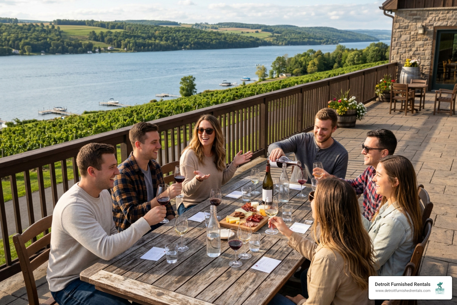 Group enjoying a wine tasting on an outdoor patio overlooking Seneca Lake