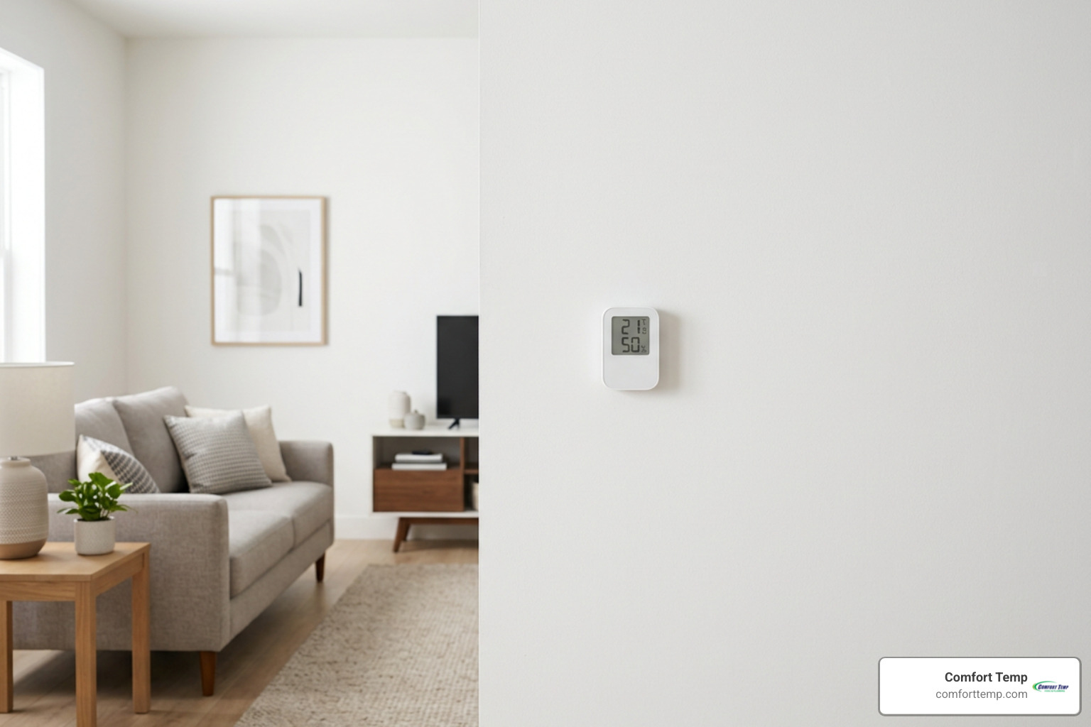 clean modern living room wall showing digital climate sensor properly mounted at eye level away from direct sunlight clean modern living room wall showing digital climate sensor properly mounted at eye level away from direct sunlight