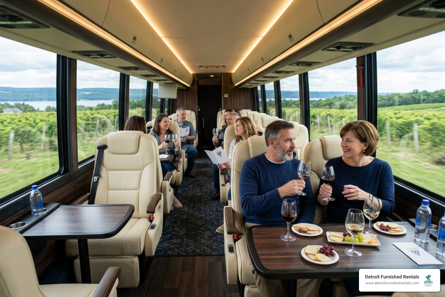 Luxury wine tour bus interior with comfortable seating and amenities