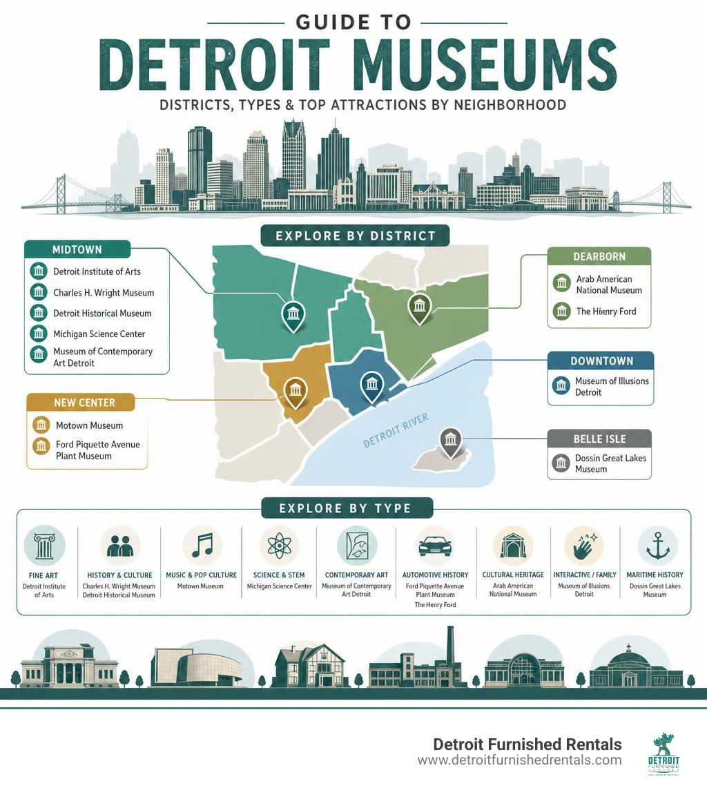 Guide to Detroit museum districts, types, and top attractions by neighborhood infographic