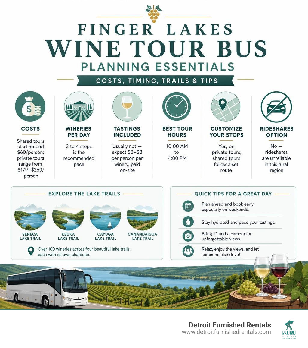 Finger Lakes wine tour bus planning essentials infographic with costs, timing, trails, and tips infographic