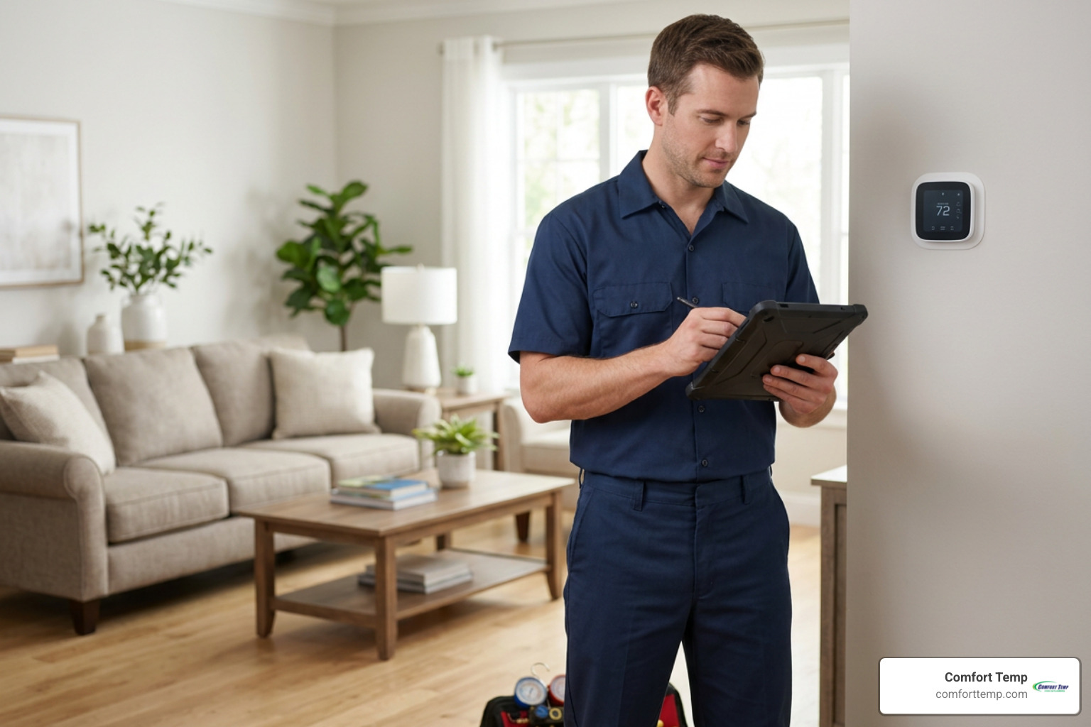 HVAC technician in dark blue uniform performing load calculation HVAC technician in dark blue uniform performing load calculation
