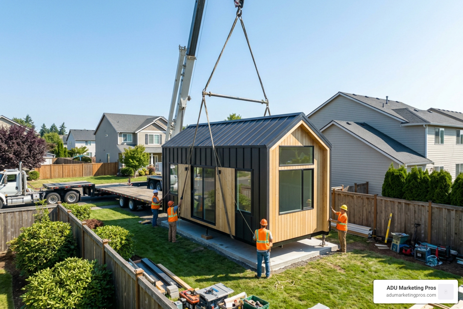 installation of a prefabricated micro house in a backyard setting