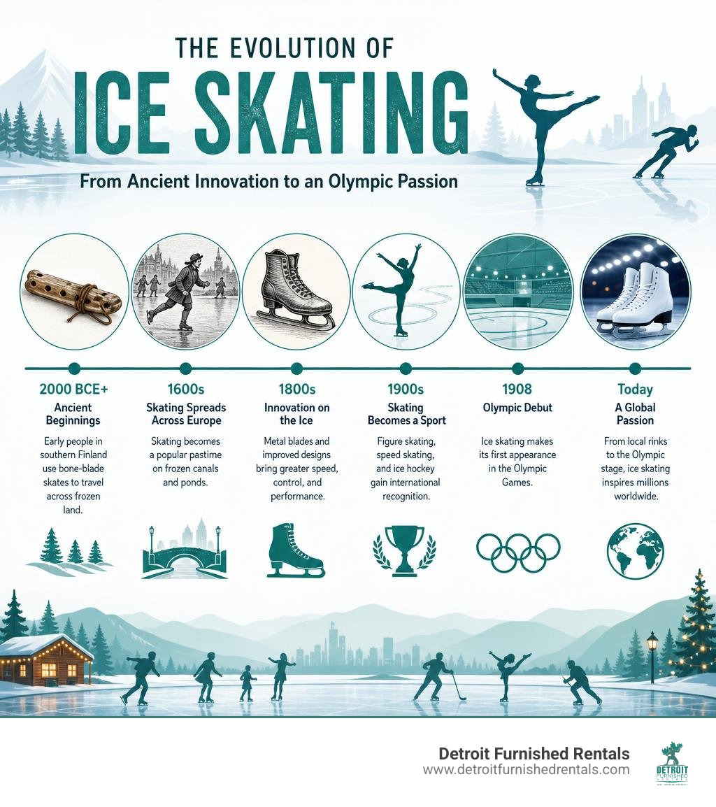 Evolution of ice skating from ancient bone skates to modern Olympic sport, with key milestones infographic