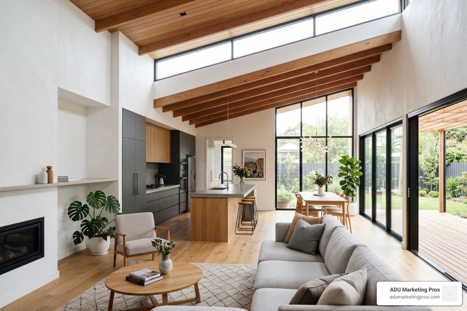 open-plan kitchen and living room with skillion roof and raked ceiling
