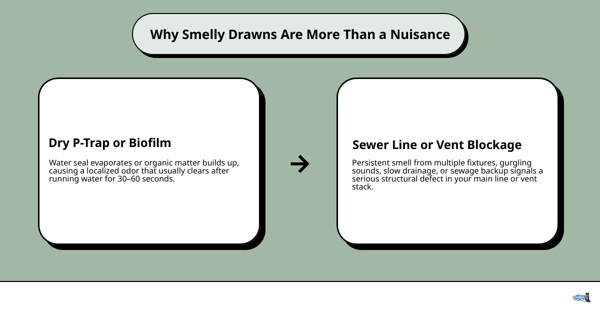 Drain smell severity diagnosis flowchart: dry trap vs vent issue vs sewer line problem infographic