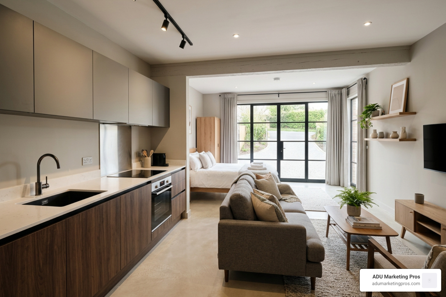 Modern studio garage apartment layout with kitchen and living zone Modern studio garage apartment layout with kitchen and living zone