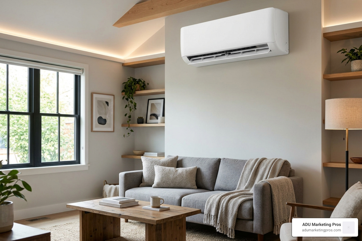 Ductless mini-split HVAC unit mounted on wall in converted apartment Ductless mini-split HVAC unit mounted on wall in converted apartment