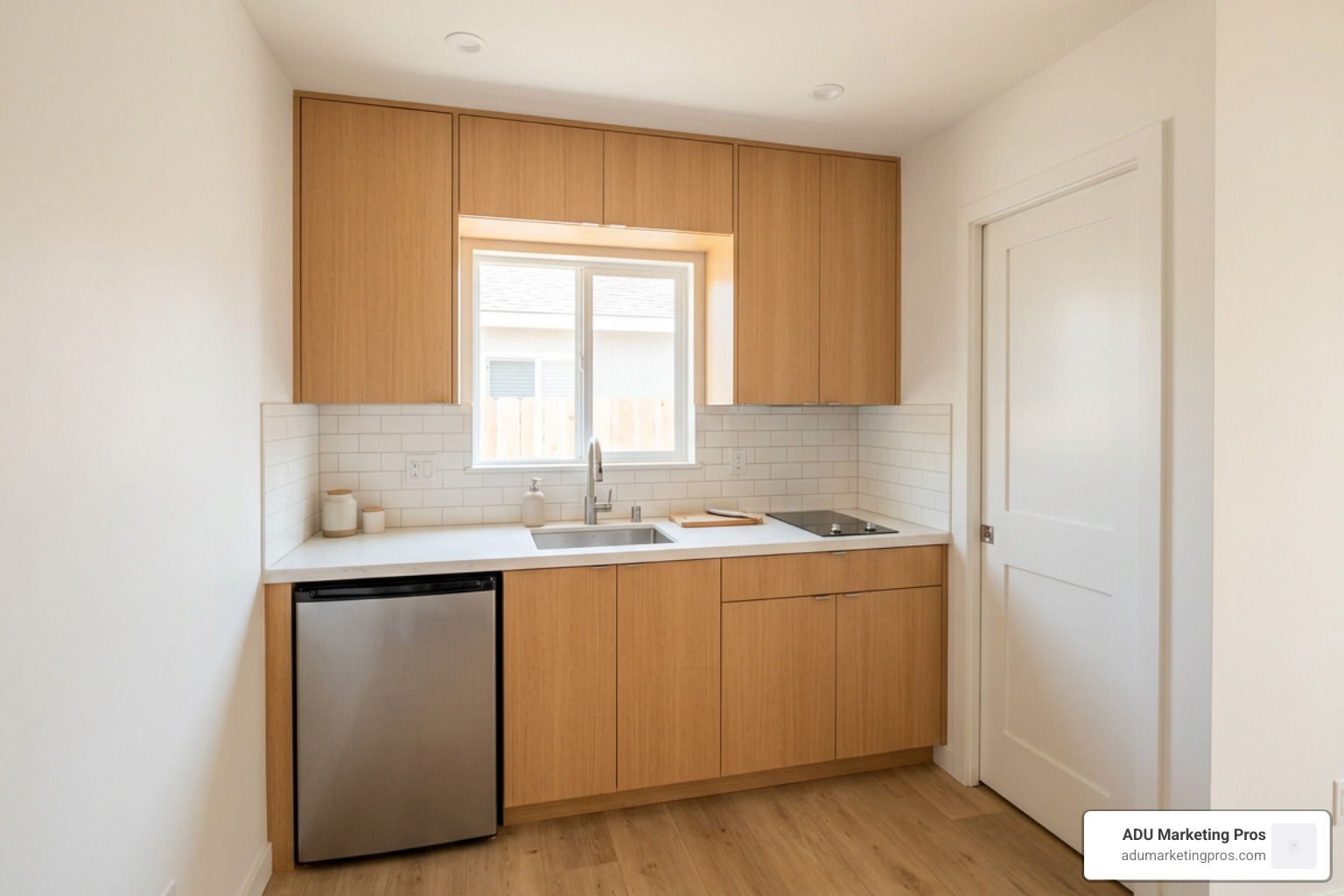 Garage conversion kitchen wet wall layout with compact appliances Garage conversion kitchen wet wall layout with compact appliances