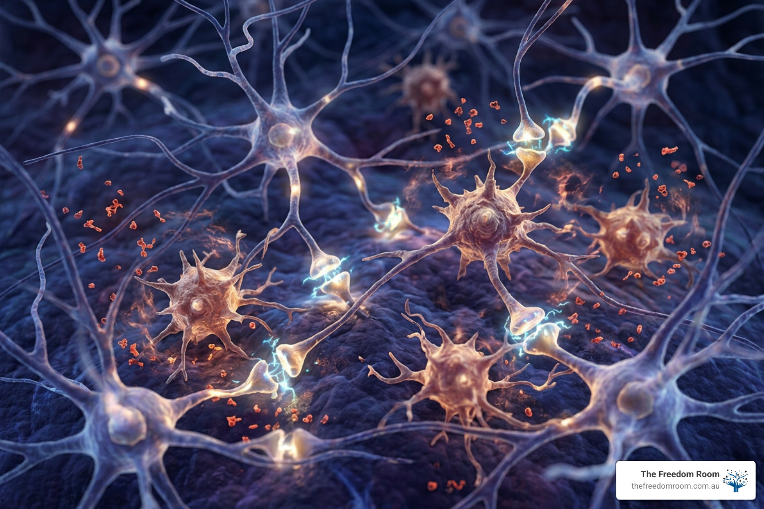 Illustration of neural communication pathways and neuroinflammation in brain tissue Illustration of neural communication pathways and neuroinflammation in brain tissue