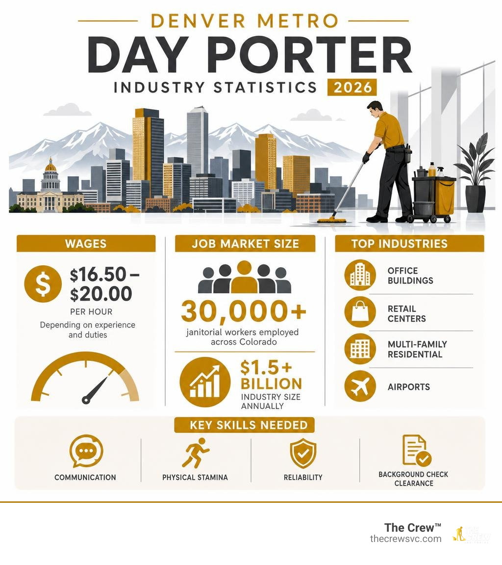 Denver metro day porter industry statistics infographic: wages, job market size, top industries infographic Denver metro day porter industry statistics infographic: wages, job market size, top industries infographic