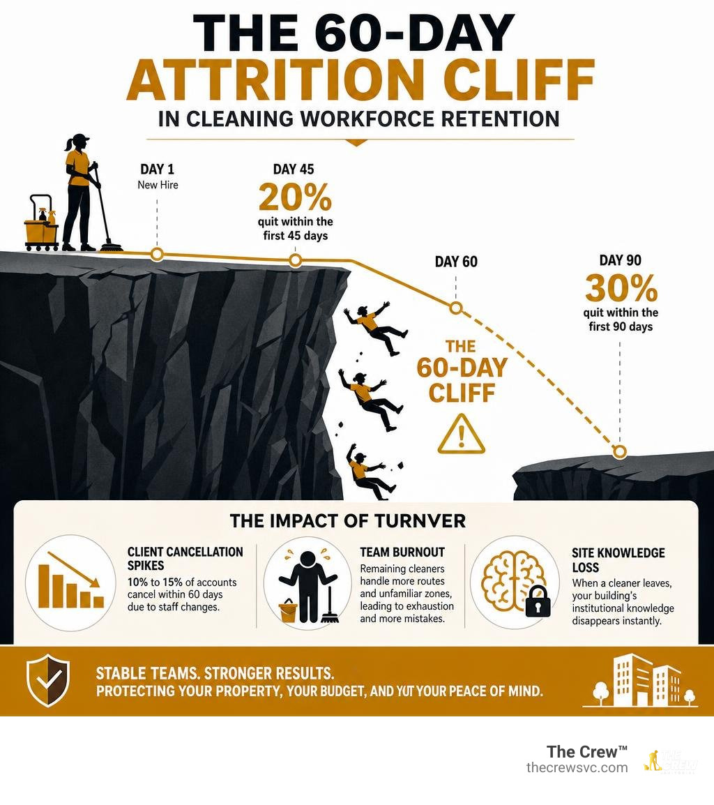The 60-Day Attrition Cliff in cleaning workforce retention infographic