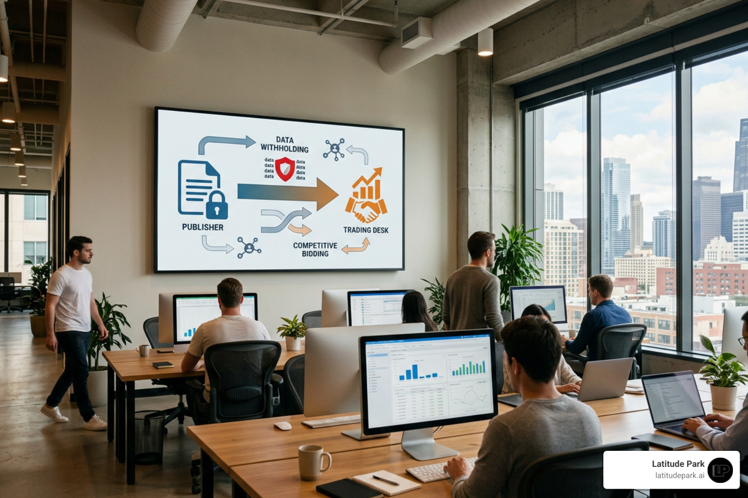Privacy framework showing publisher data withholding vs trading desk bidding dynamics Privacy framework showing publisher data withholding vs trading desk bidding dynamics