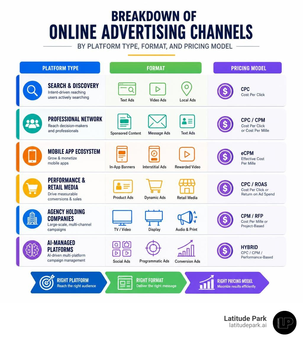 Breakdown of online advertising channels by platform type, format, and pricing model infographic Breakdown of online advertising channels by platform type, format, and pricing model infographic