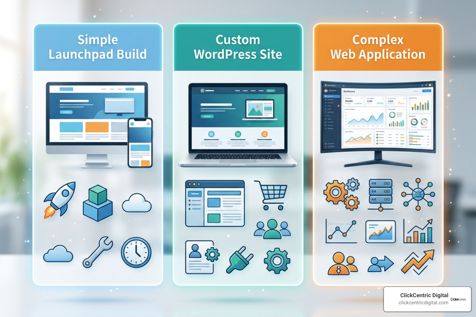 Breakdown of small business web development pricing tiers showing turnaround builds, custom sites, and web applications Breakdown of small business web development pricing tiers showing turnaround builds, custom sites, and web applications