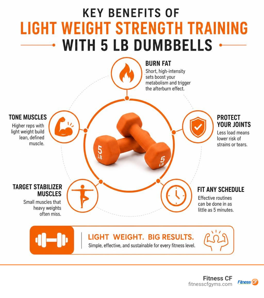 Key benefits of light weight strength training with 5 lb dumbbells infographic infographic
