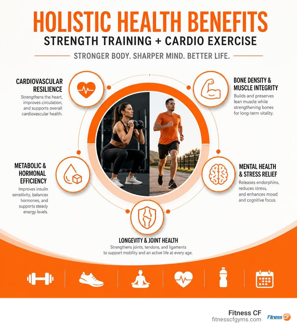 Overview of holistic health benefits driven by resistance training and cardiovascular exercise infographic Overview of holistic health benefits driven by resistance training and cardiovascular exercise infographic
