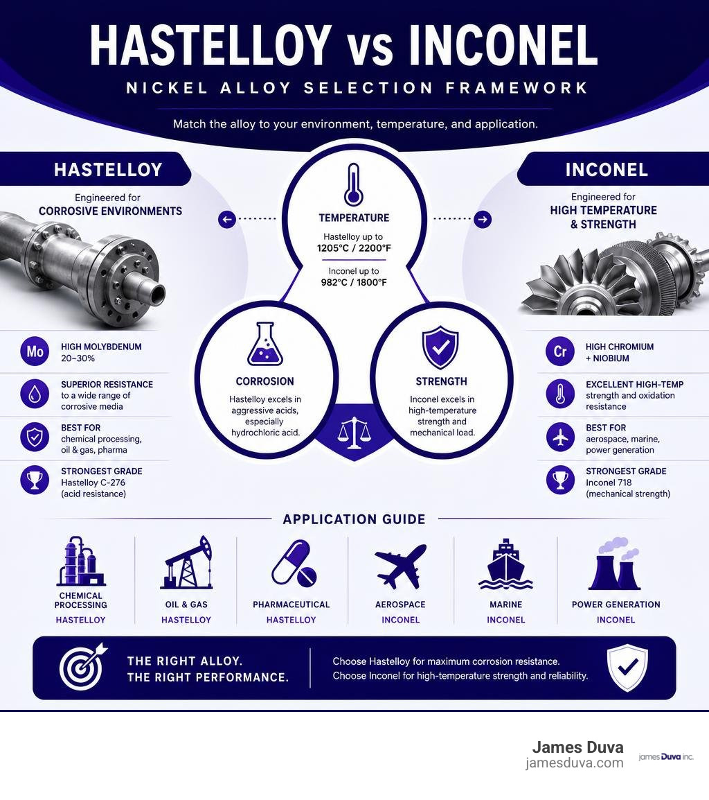 Nickel alloy selection framework comparing Hastelloy and Inconel by temperature, corrosion, and application infographic Nickel alloy selection framework comparing Hastelloy and Inconel by temperature, corrosion, and application infographic