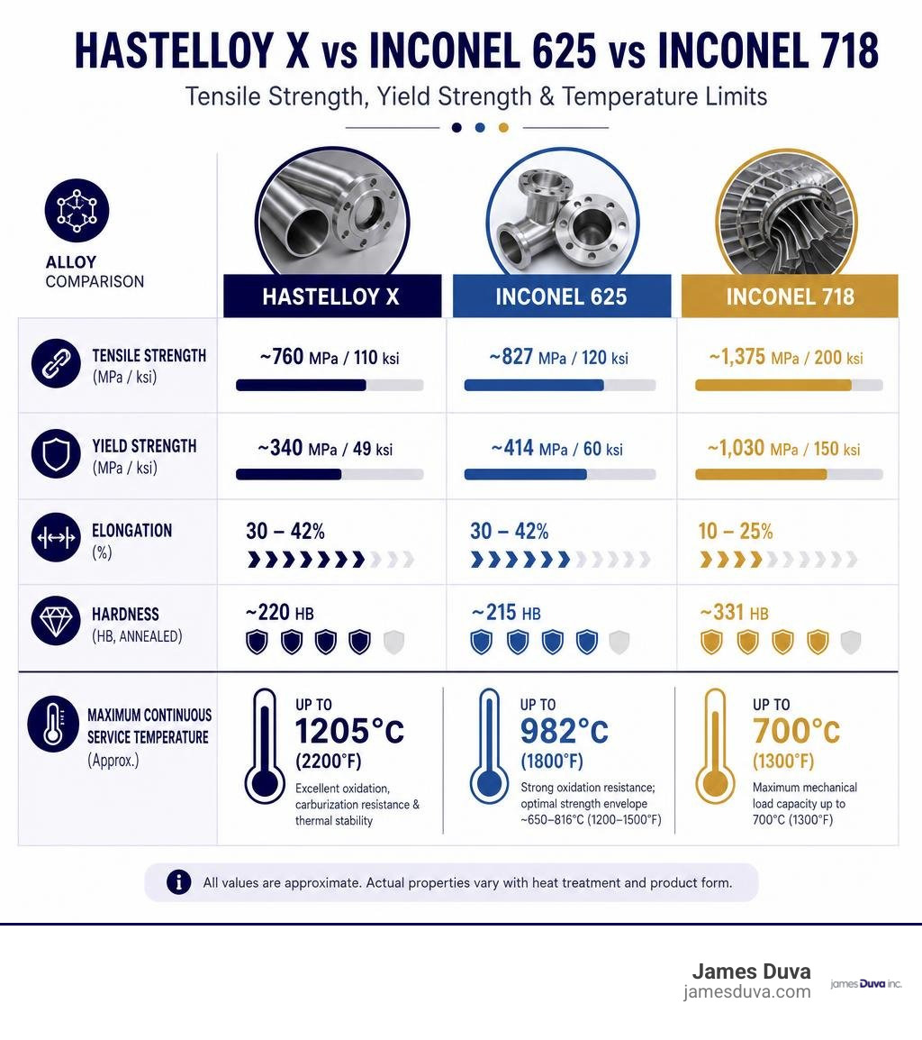 Infographic comparing tensile strength, yield strength, and temperature limits for Hastelloy X, Inconel 625, and Inconel 718 Infographic comparing tensile strength, yield strength, and temperature limits for Hastelloy X, Inconel 625, and Inconel 718