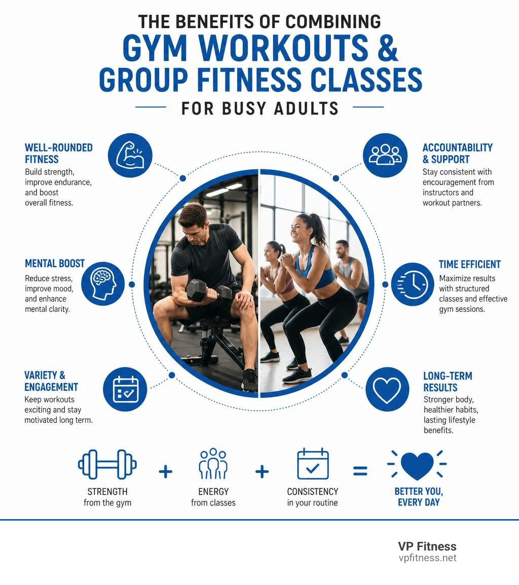 Benefits of combining gym workouts and group fitness classes for busy adults infographic
