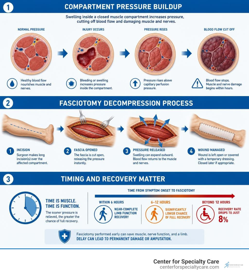 Compartment pressure buildup, fasciotomy decompression process, timing and recovery rates infographic infographic