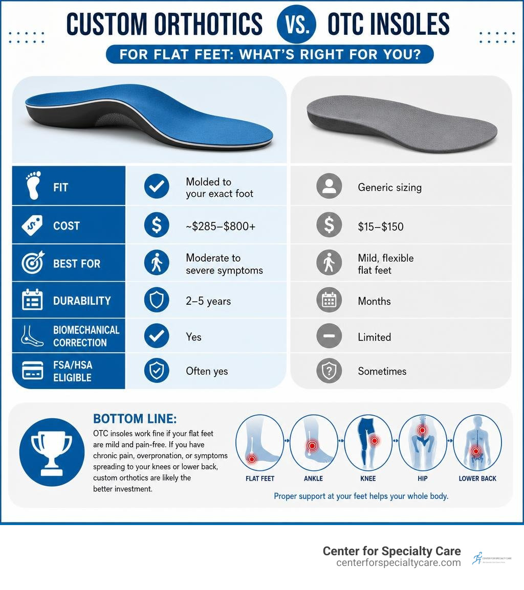custom vs OTC orthotics for flat feet comparison infographic infographic