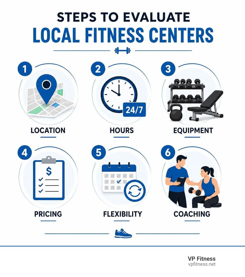 Steps to evaluate local fitness centers: location, hours, equipment, pricing, flexibility, and coaching infographic Steps to evaluate local fitness centers: location, hours, equipment, pricing, flexibility, and coaching infographic