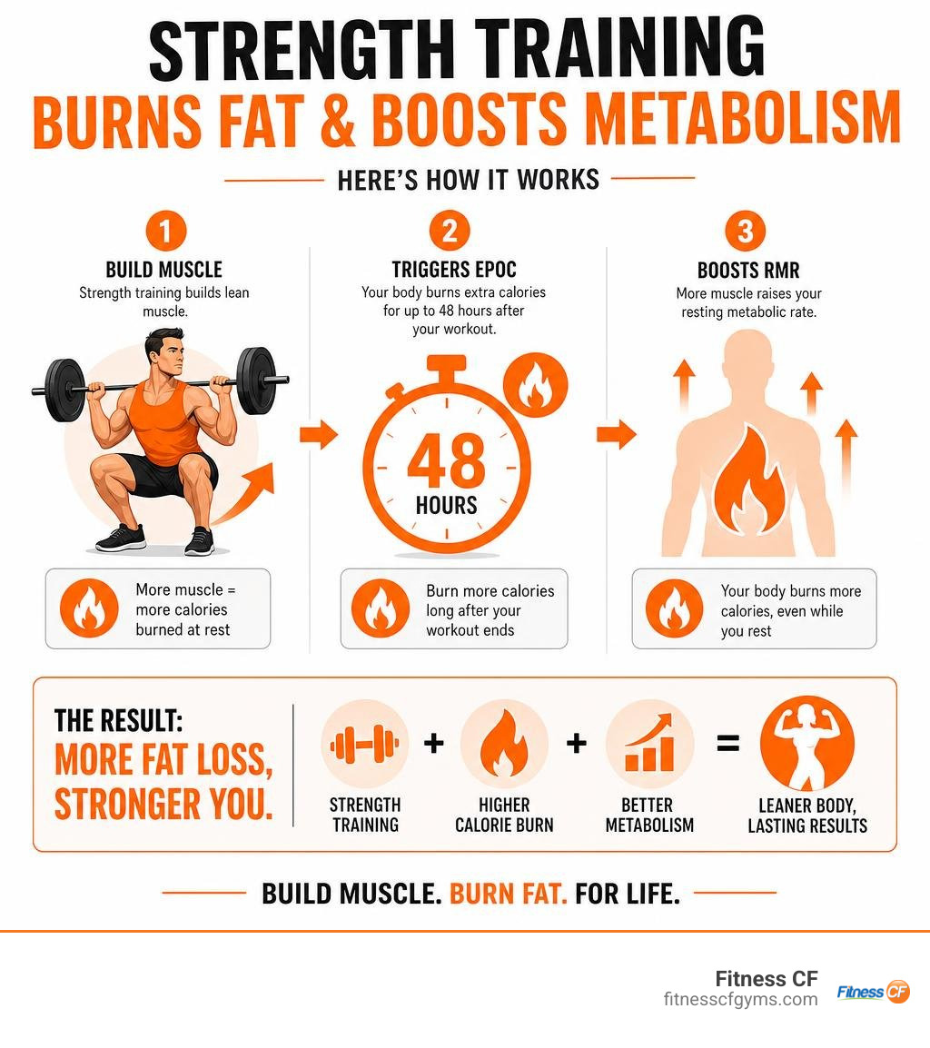 Infographic showing how strength training burns fat and boosts metabolism through muscle gain, EPOC, and resting metabolic Infographic showing how strength training burns fat and boosts metabolism through muscle gain, EPOC, and resting metabolic
