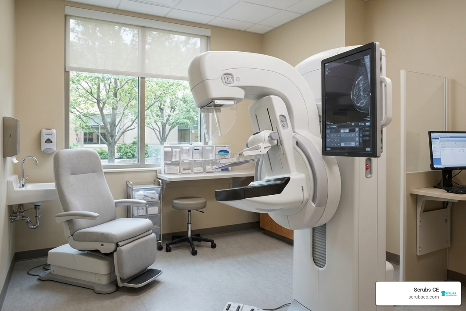 Modern 3D digital breast tomosynthesis equipment in a brightly lit room Modern 3D digital breast tomosynthesis equipment in a brightly lit room