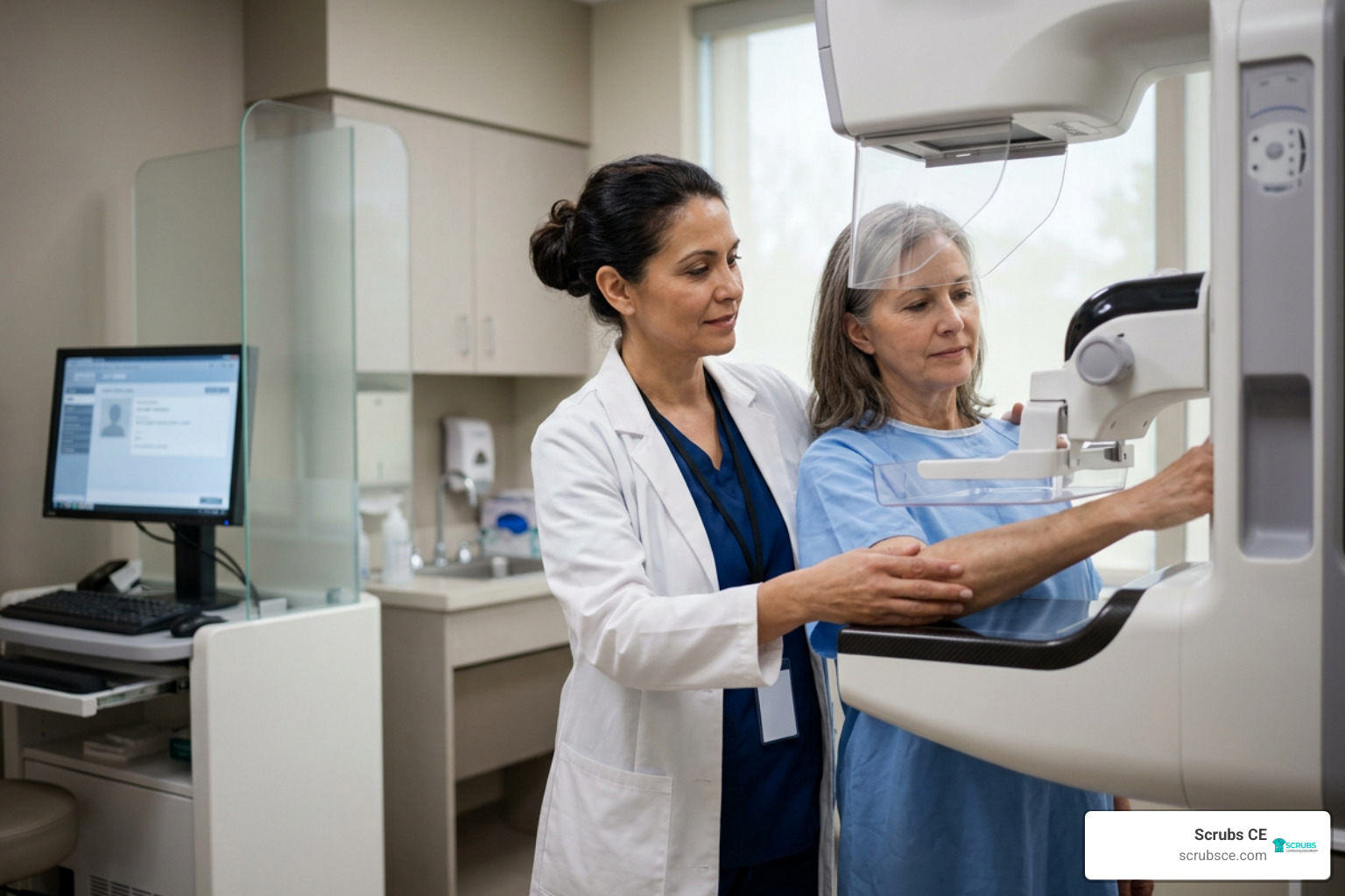 mammography technician with patient mammography technician with patient