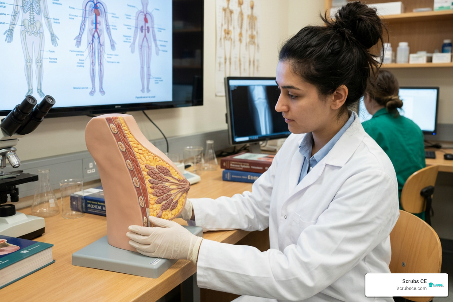A student reviewing a breast anatomy model in a Radiology laboratory A student reviewing a breast anatomy model in a Radiology laboratory