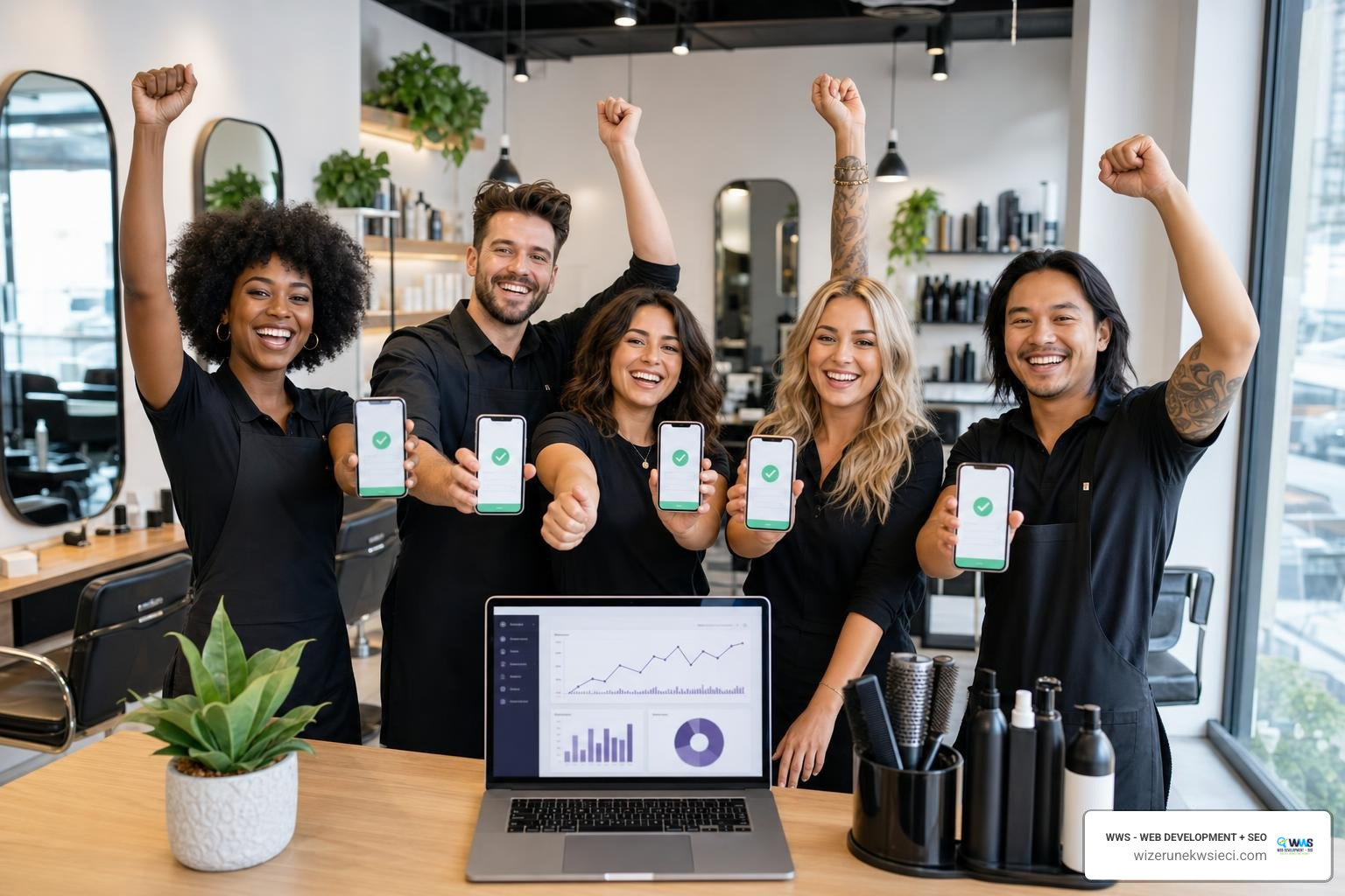 Professional salon team celebrating digital business growth and online bookings