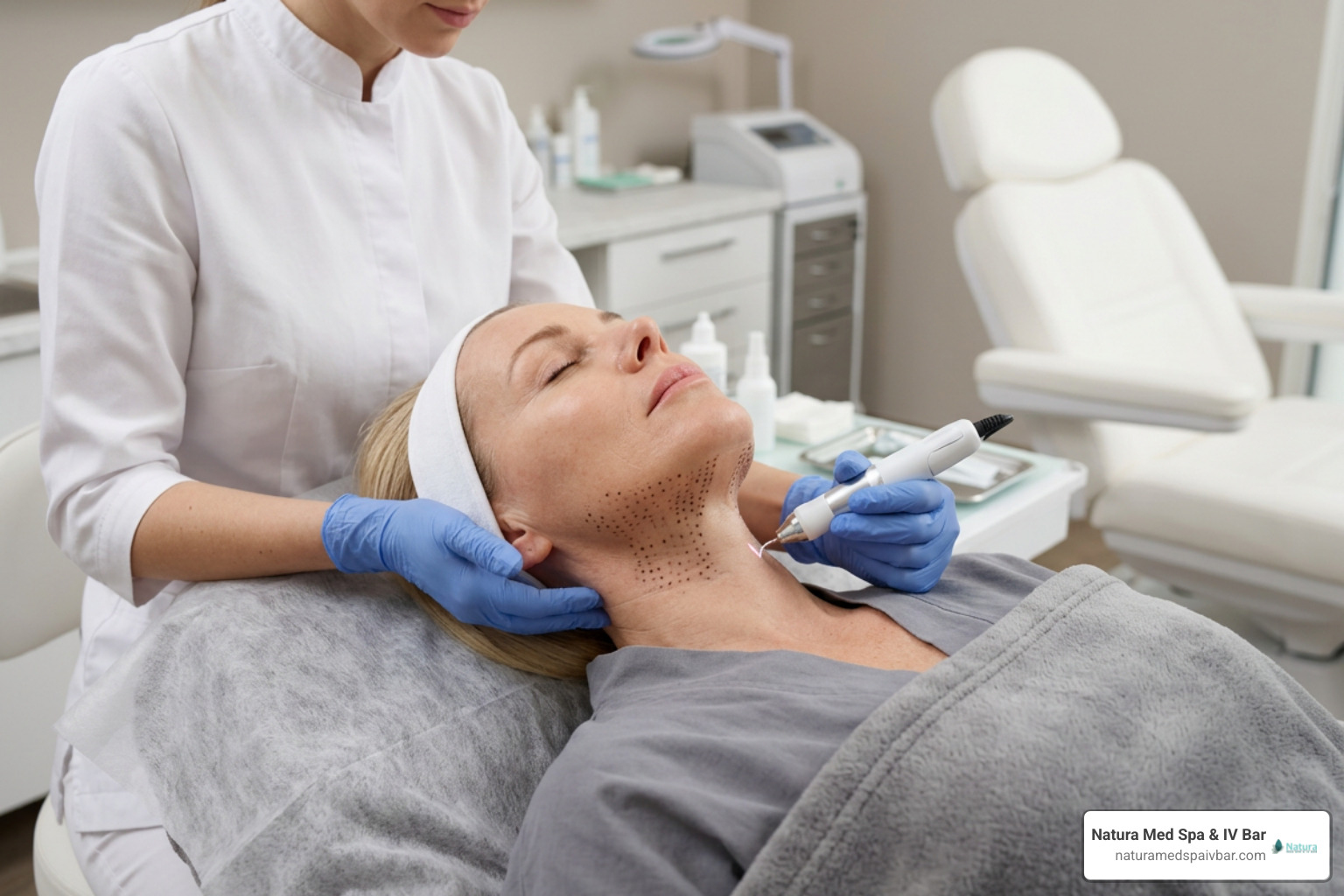 Applying non-surgical skin tightening treatment on the neck area Applying non-surgical skin tightening treatment on the neck area