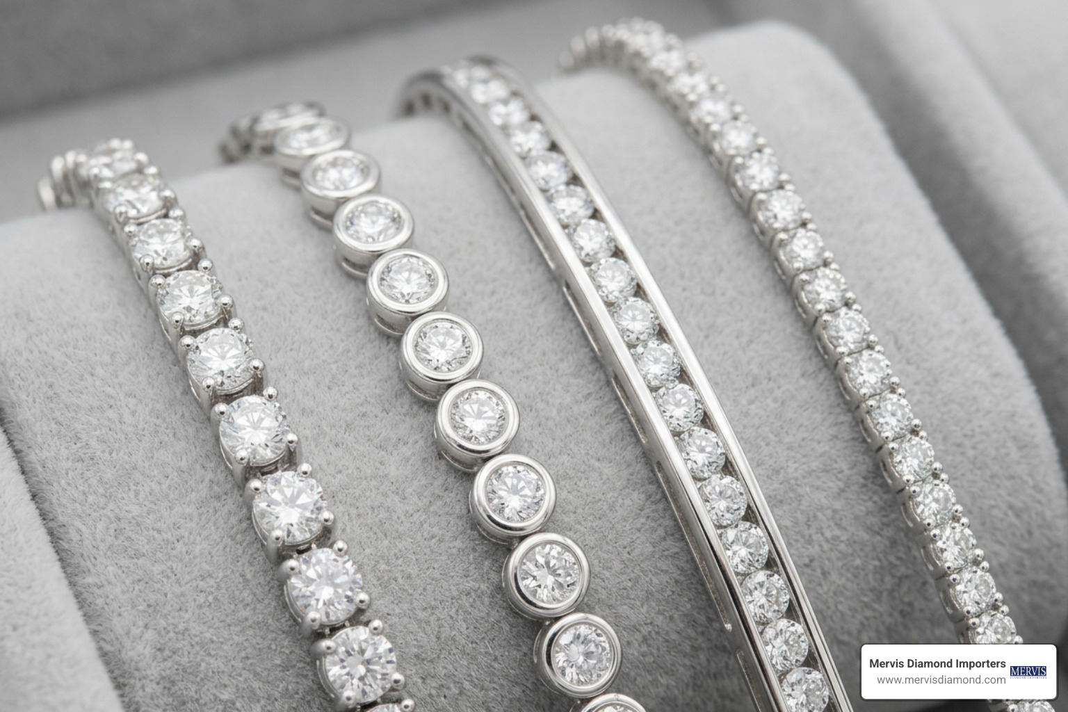 Close-up view of diamond tennis bracelet setting styles Close-up view of diamond tennis bracelet setting styles