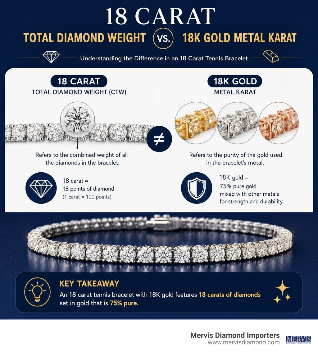 Infographic explaining 18 carat total diamond weight vs 18k gold metal karat in a tennis bracelet infographic Infographic explaining 18 carat total diamond weight vs 18k gold metal karat in a tennis bracelet infographic