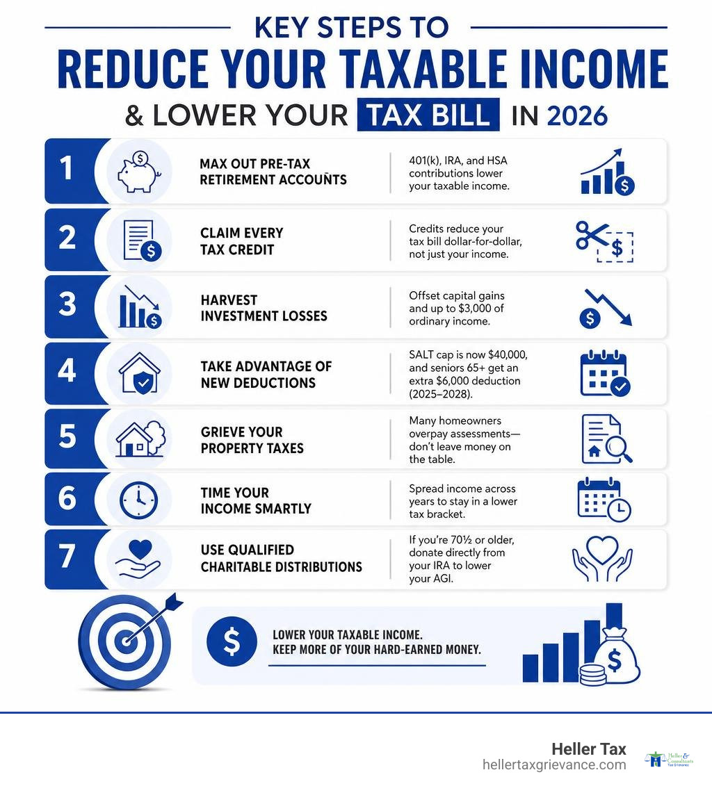 Key steps to reduce your taxable income and lower your tax bill in 2026 infographic Key steps to reduce your taxable income and lower your tax bill in 2026 infographic