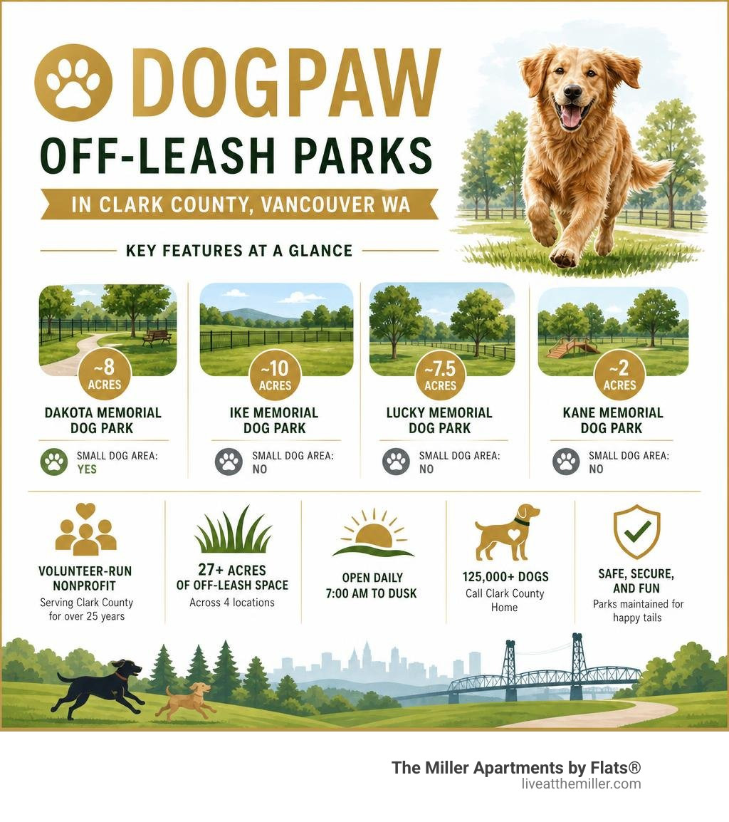 Infographic showing key features of DOGPAW off-leash parks in Clark County Vancouver WA infographic