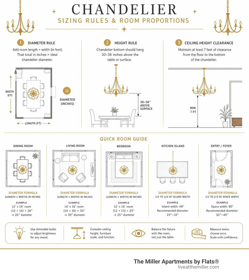 Infographic detailing chandelier sizing rules and room proportion formulas infographic Infographic detailing chandelier sizing rules and room proportion formulas infographic