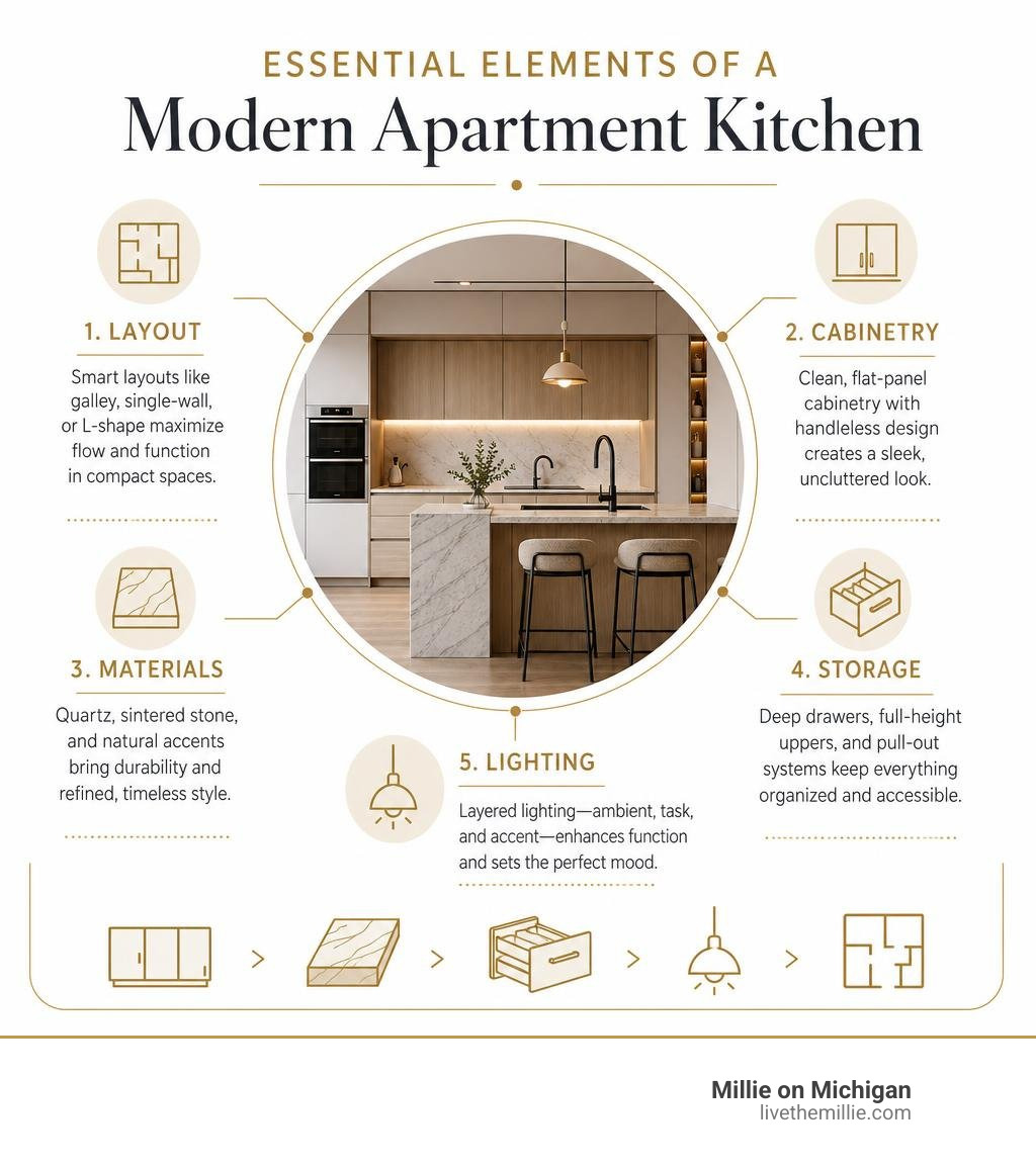 Essential elements of a modern apartment kitchen: layout, cabinetry, materials, storage, lighting infographic Essential elements of a modern apartment kitchen: layout, cabinetry, materials, storage, lighting infographic