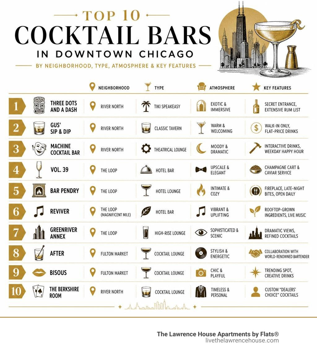 Top 10 cocktail bars in downtown Chicago by neighborhood, type, atmosphere, and key features infographic