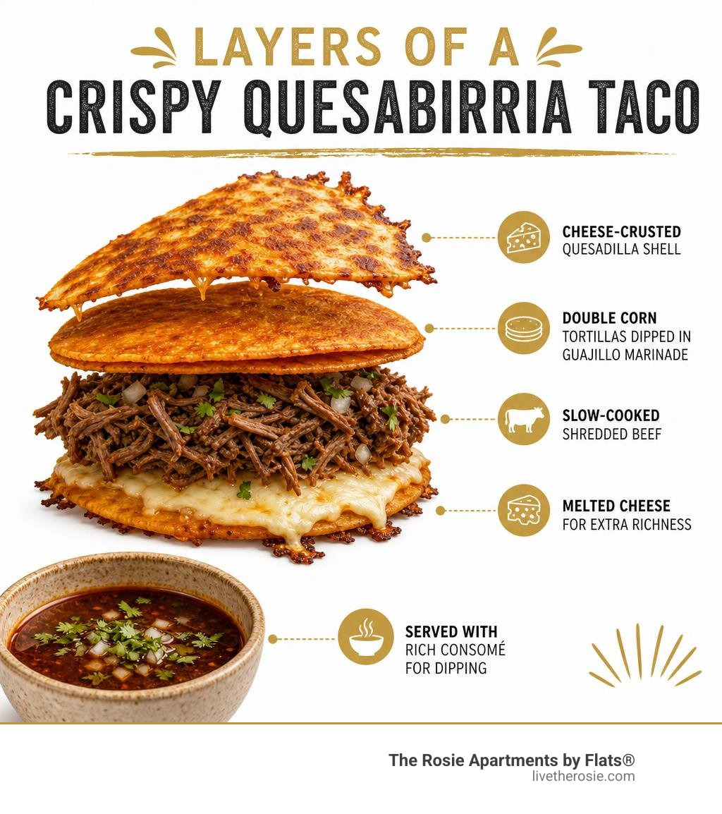 Infographic breaking down the layers of a crispy quesabirria taco infographic Infographic breaking down the layers of a crispy quesabirria taco infographic