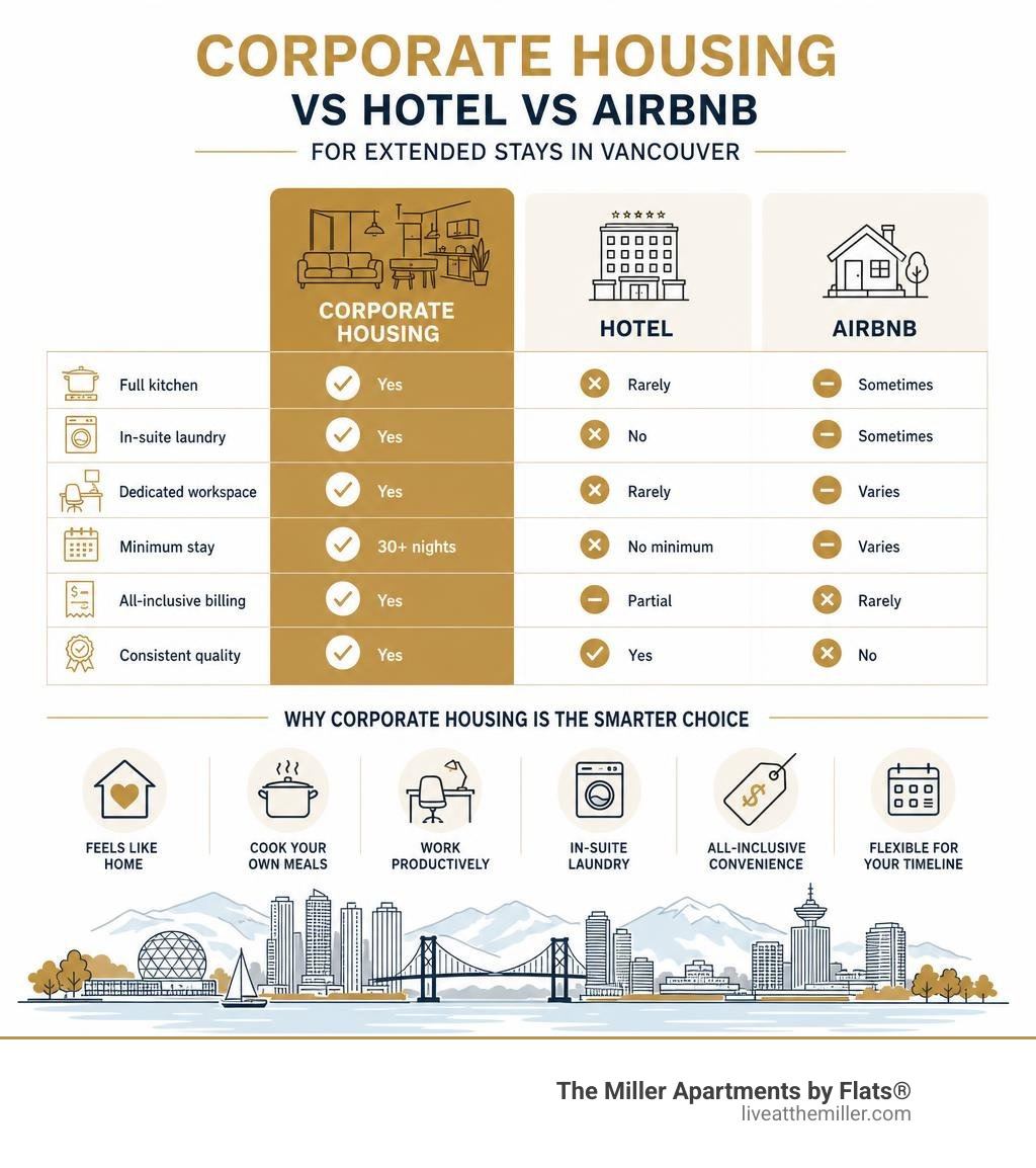 Corporate housing vs hotel vs Airbnb comparison for extended stays in Vancouver infographic Corporate housing vs hotel vs Airbnb comparison for extended stays in Vancouver infographic