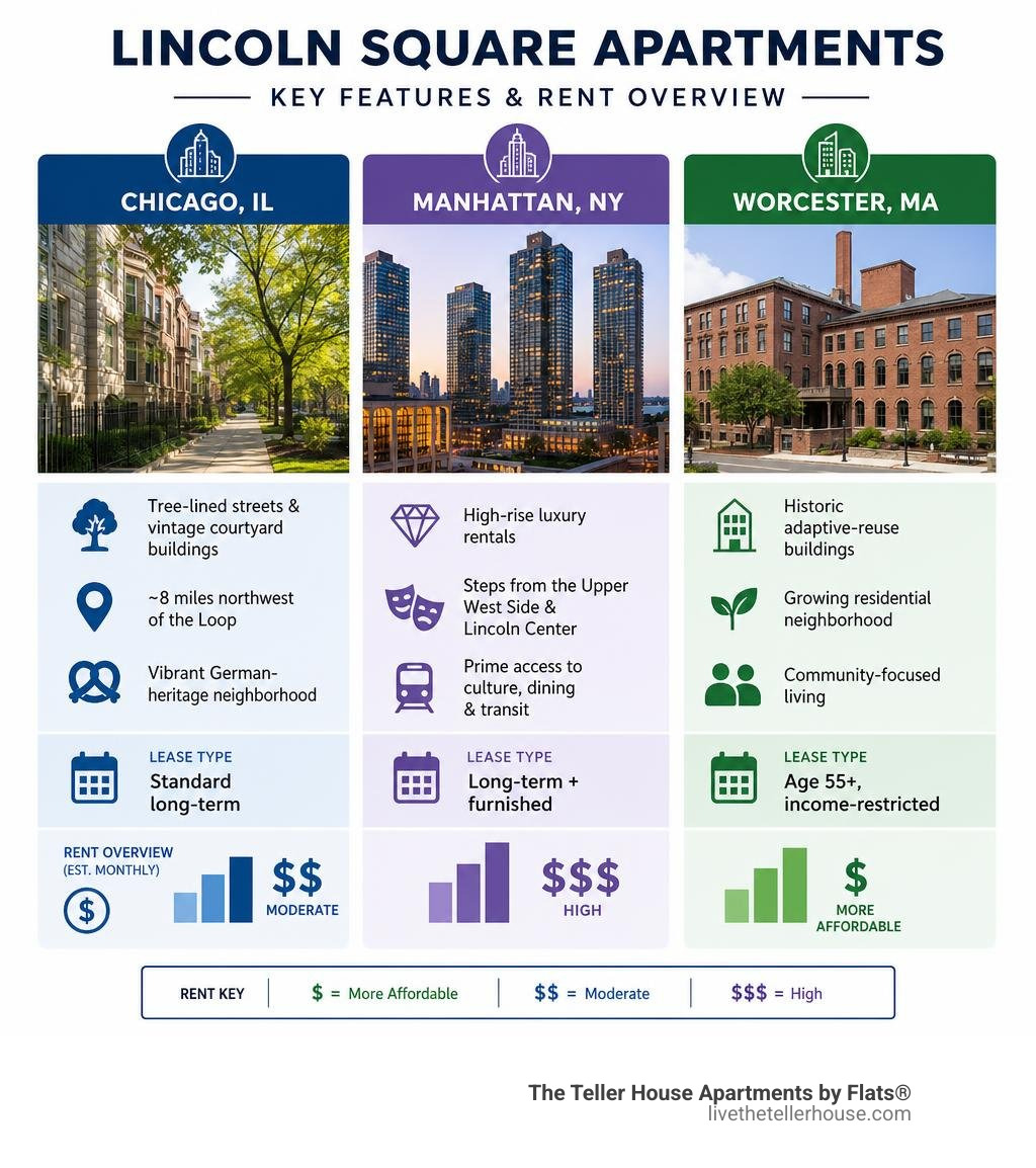 Key features and rental overview for Lincoln Square apartments across Chicago, Manhattan, and Worcester infographic Key features and rental overview for Lincoln Square apartments across Chicago, Manhattan, and Worcester infographic