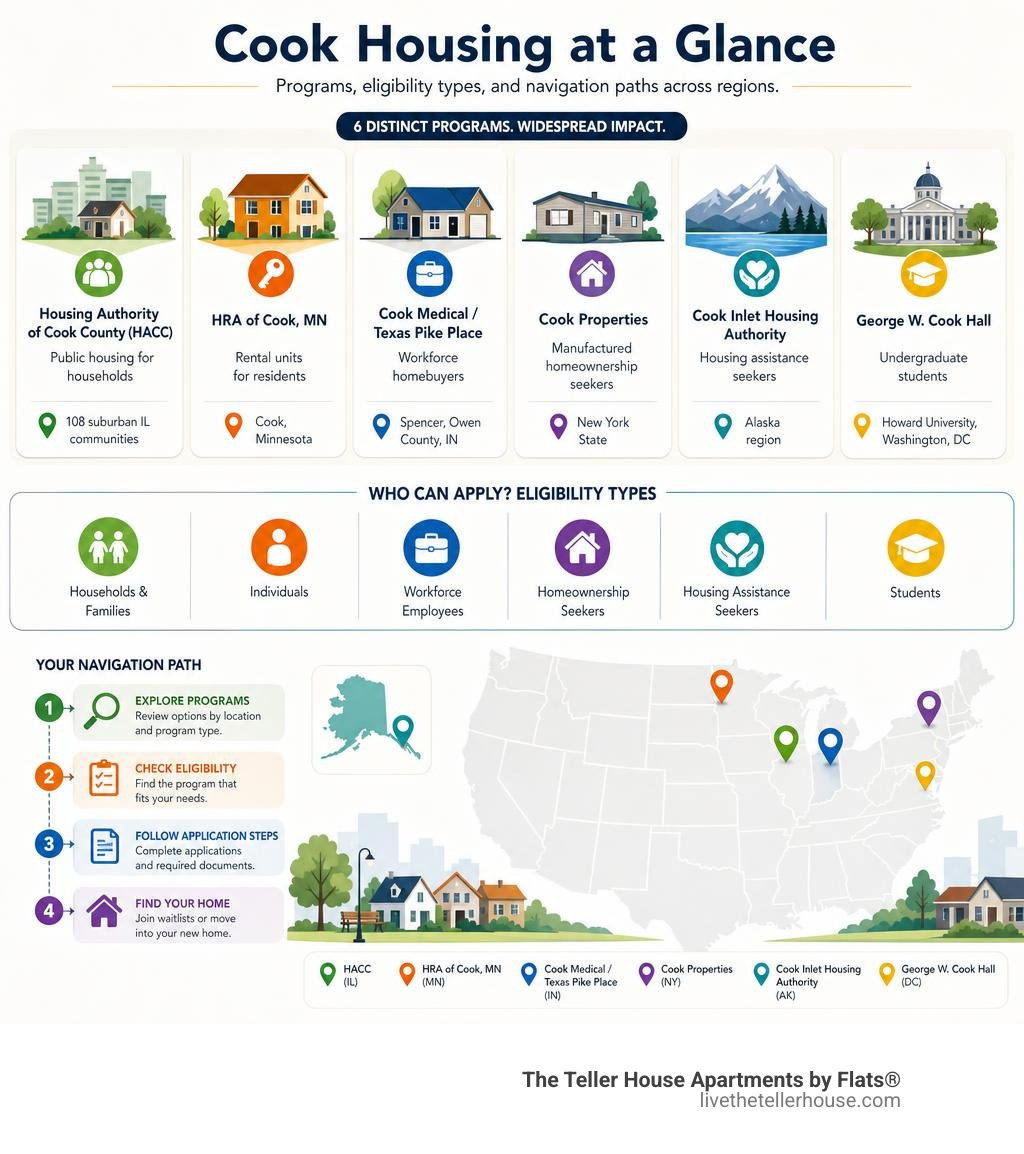 Overview of Cook housing programs, eligibility types, and navigation paths across regions infographic Overview of Cook housing programs, eligibility types, and navigation paths across regions infographic
