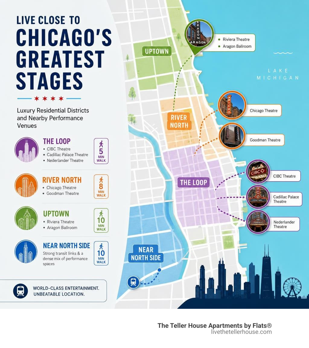 Infographic showing proximity of Chicago luxury residential districts to major performance venues infographic Infographic showing proximity of Chicago luxury residential districts to major performance venues infographic